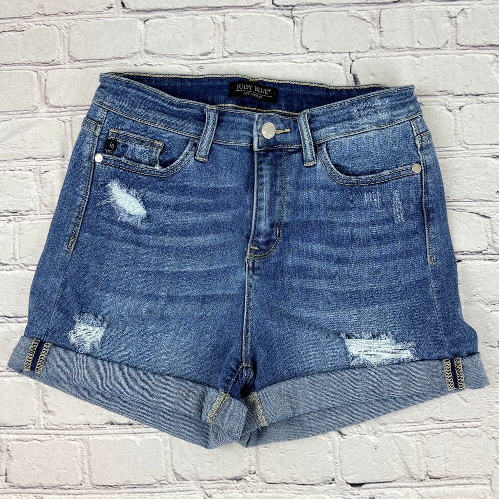 Judy Blue Los Angeles Distressed Cuffed Denim Jean Shorts Mid Rise Blue Medium